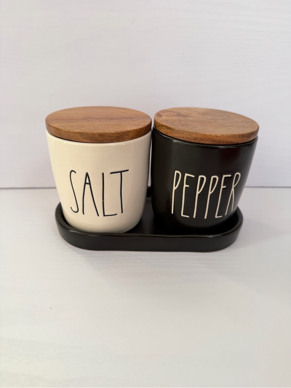 Rae Dunn Salt & Pepper Cellars Set with Wooden Lids - Black and Cream